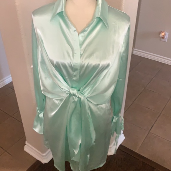 Hazel & Olive light green/mint silky satin shirt dress Size L - Picture 12 of 17